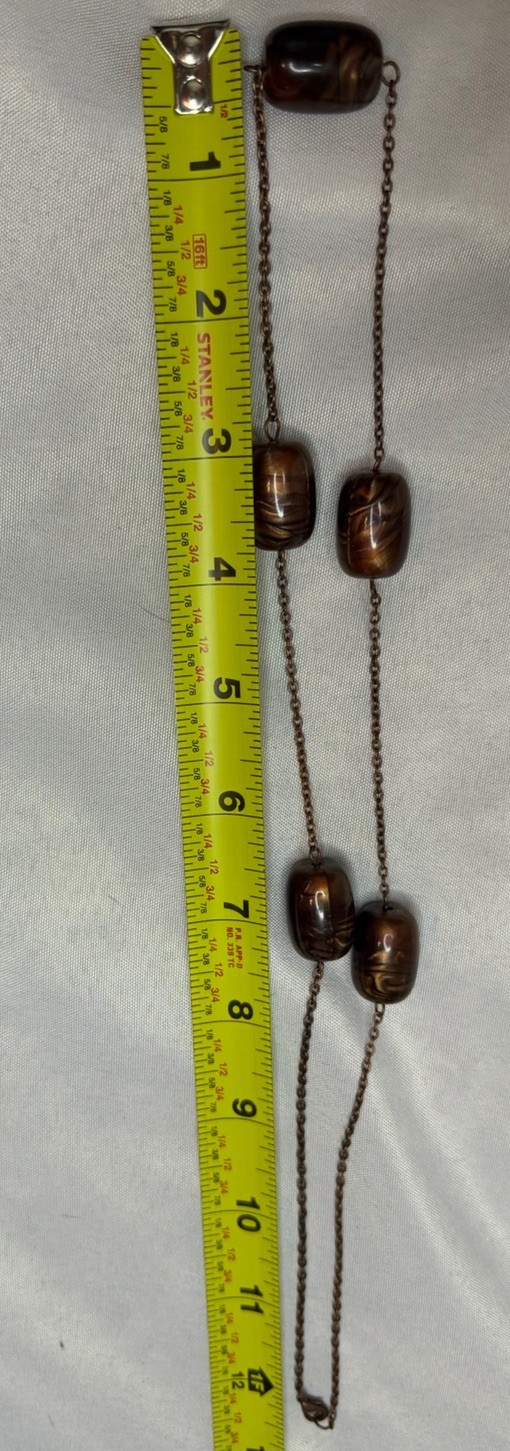 Art Glass Bead Necklace Bronze Brown Swirl Beads Copper Tone Chain Modern Artisa