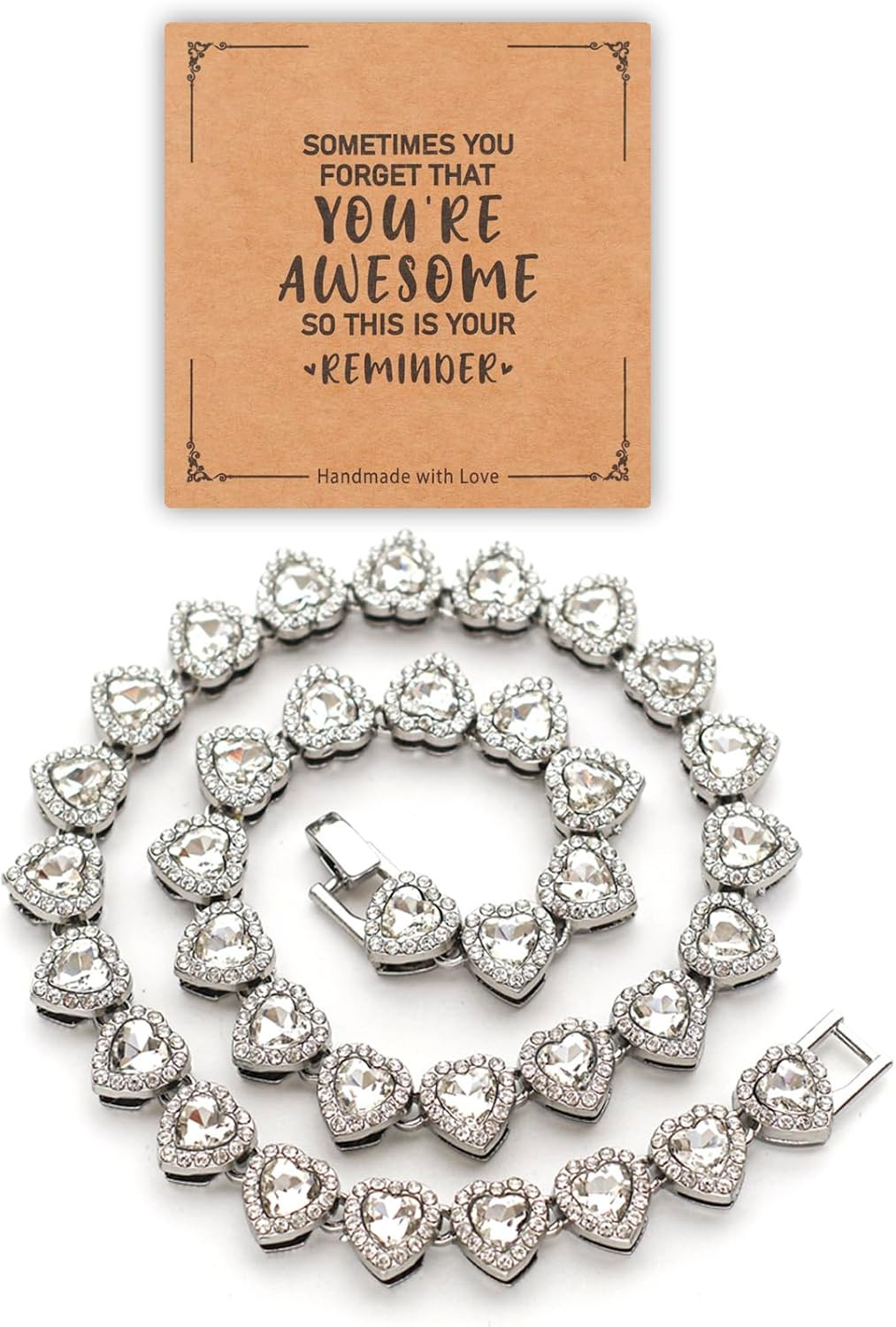 Rhinestone Hearts Necklace, Iced Out Hearts Jewelry，Silver Tennis Necklace for W