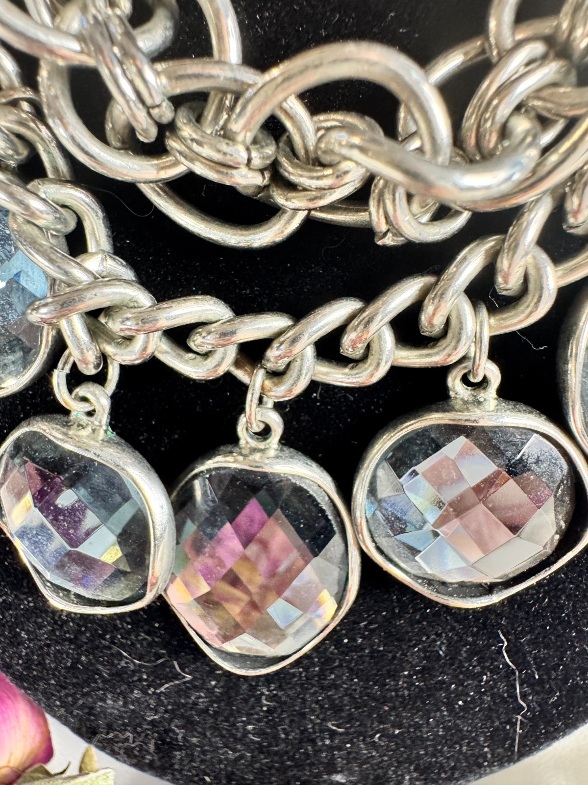 Chunky Silver Tone Chain Necklace Faceted Gray Glass Crystal Statement Bib Neckl