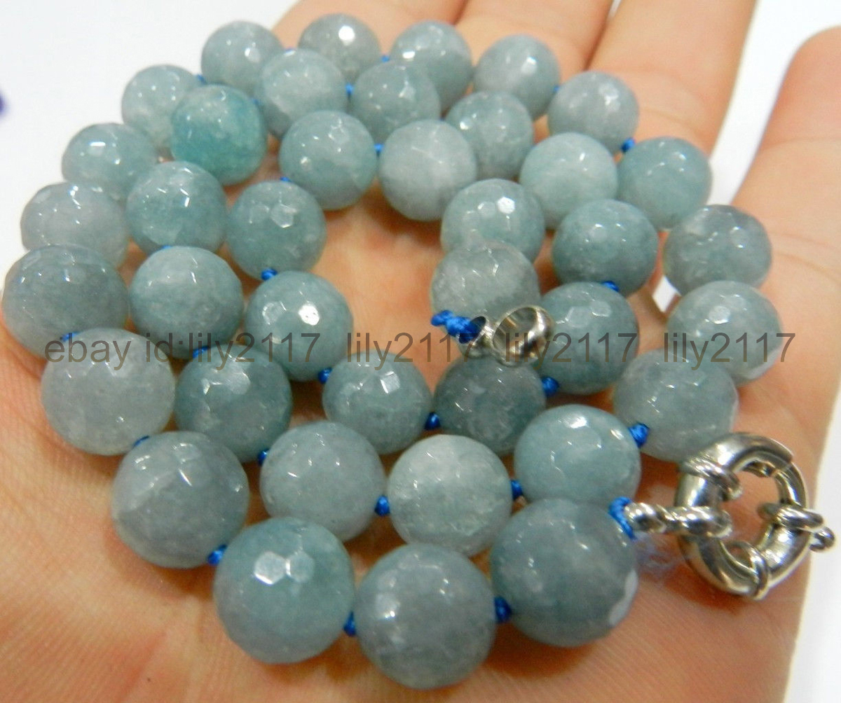 Charming Natural 10mm Faceted Round Blue Aquamarine Gemstone Beads Necklace 18″