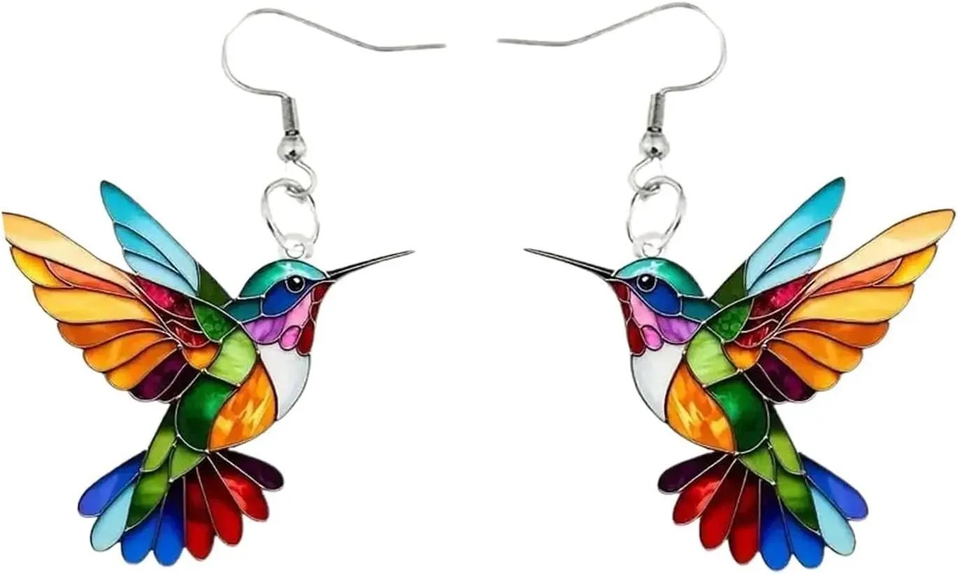 Colorful Hummingbird Necklace and Dangle Earrings Set Bird Lover Jewelry Gift fo