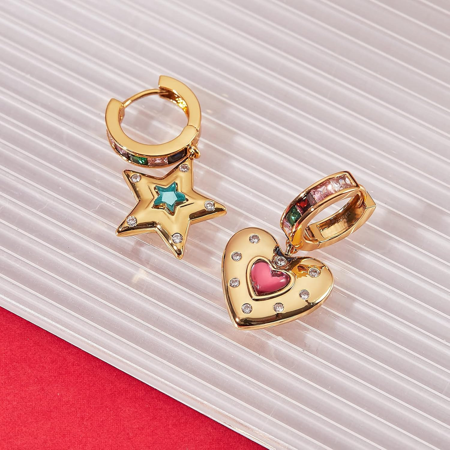 Dangle Hoop Earring for Women 18K Gold Plated Personalized Heart Star Charms Zir
