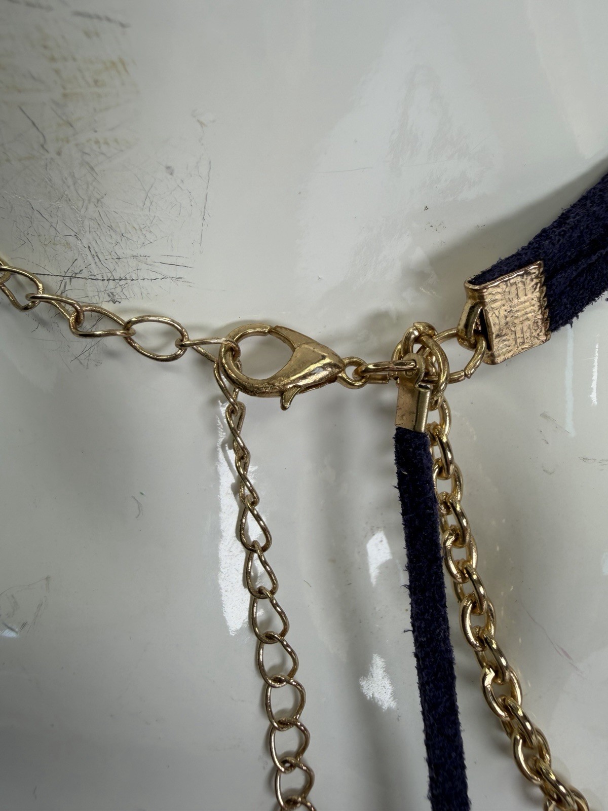Multi Strand Navy Cord Gold Tone Cable Chain Necklace Heart Clear Crystal Charm