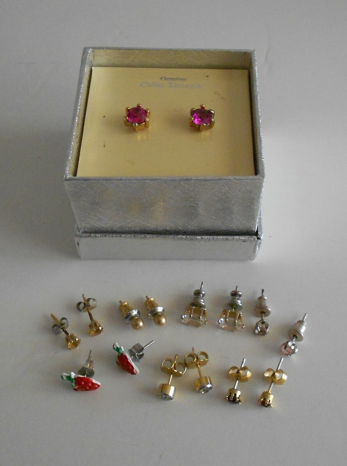 8 Pair Stud Earrings Pink Cubic Zirconia Red Enamel Strawberry
