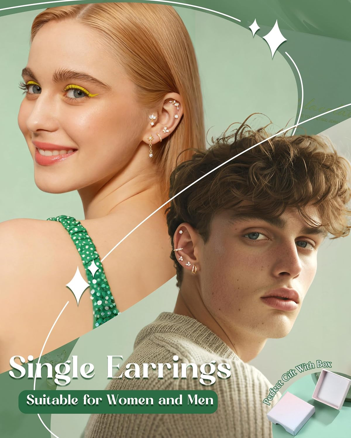 20/18/16G Cartilage Earrings for Women Flat Back Earring Stacks Hypoallergenic S