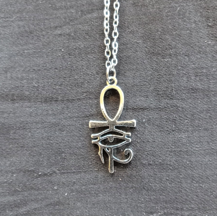 Silver ANKH Eye of Horus Pendant on Silver Plated Chain Necklace Egypt, Art Deco