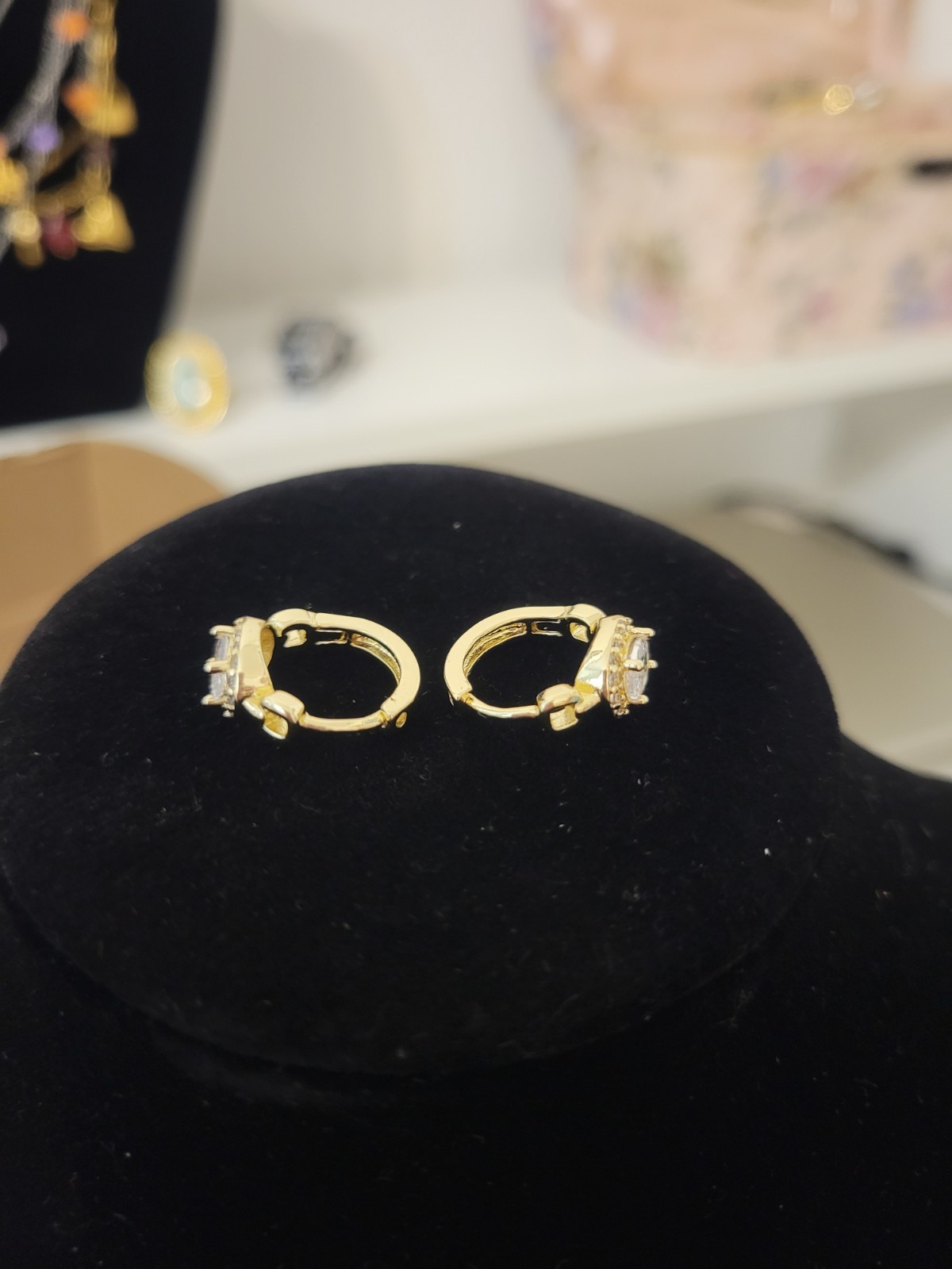 Gold Plated Tone Clear Simulated Crystal Halo Hinged Huggie Hoop Earrings Pair