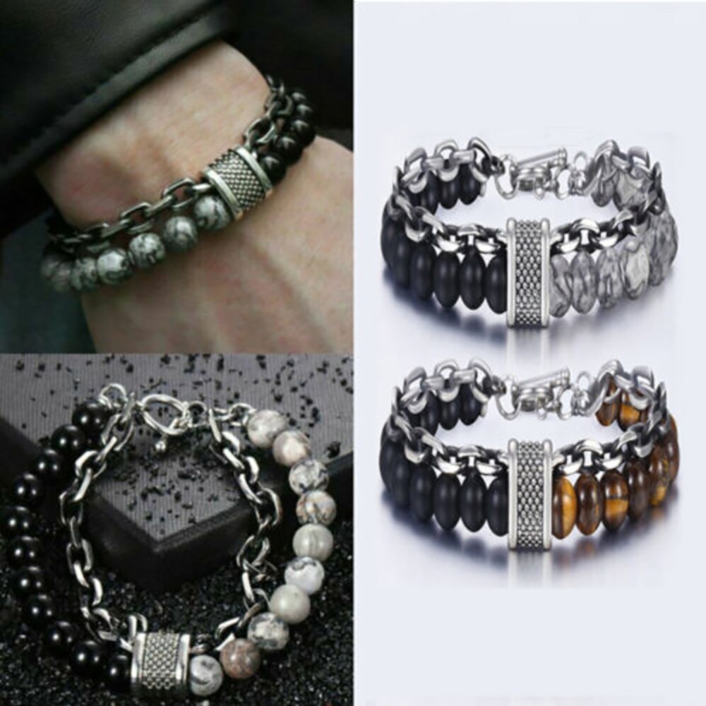 Mens Tiger Eye Beaded Bracelet Stainless Steel Natural Stone Unisex Jewelry Gift