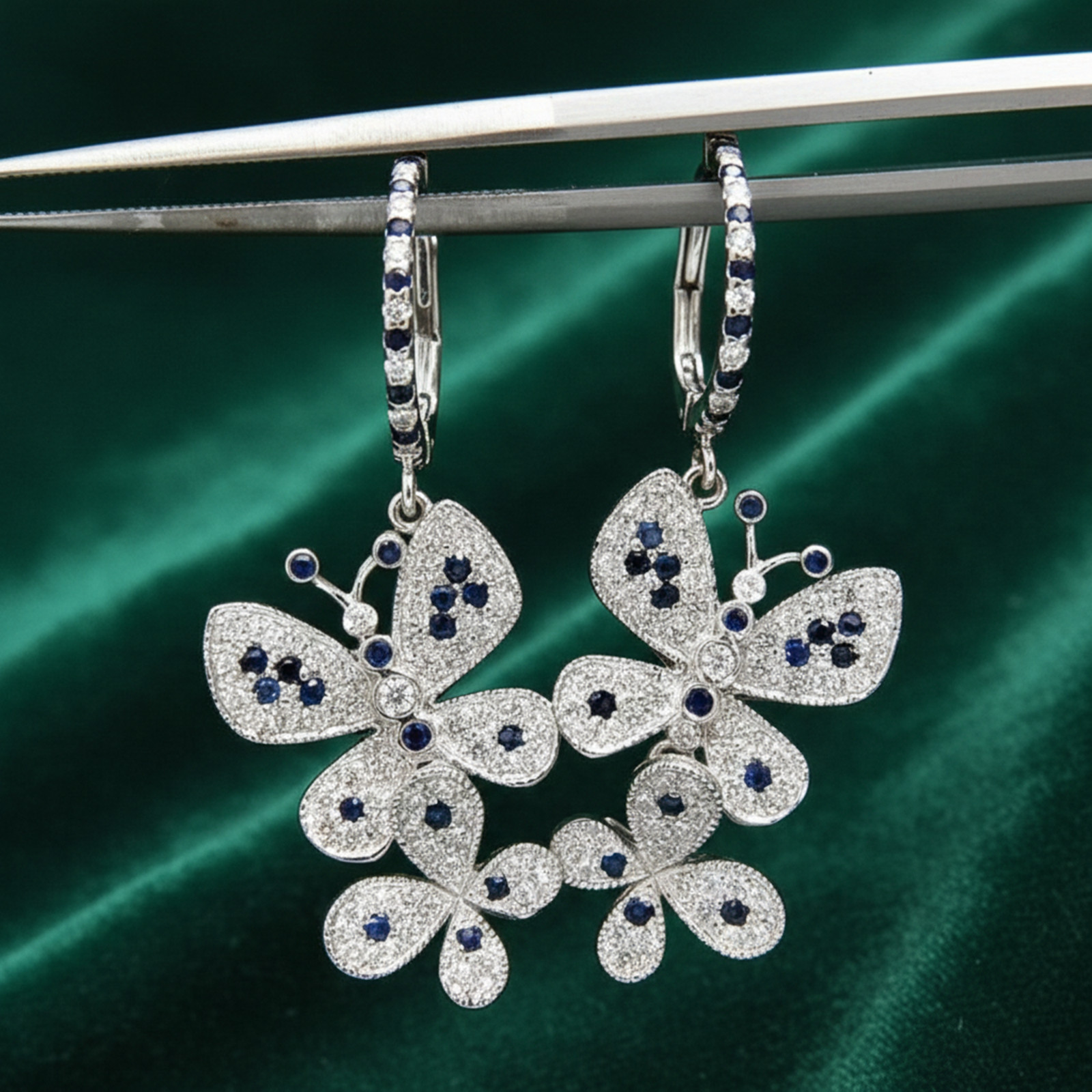 Blue Round CZ Stone Butterfly Motif Engagement Drop Dangle Earrings 925 Silver