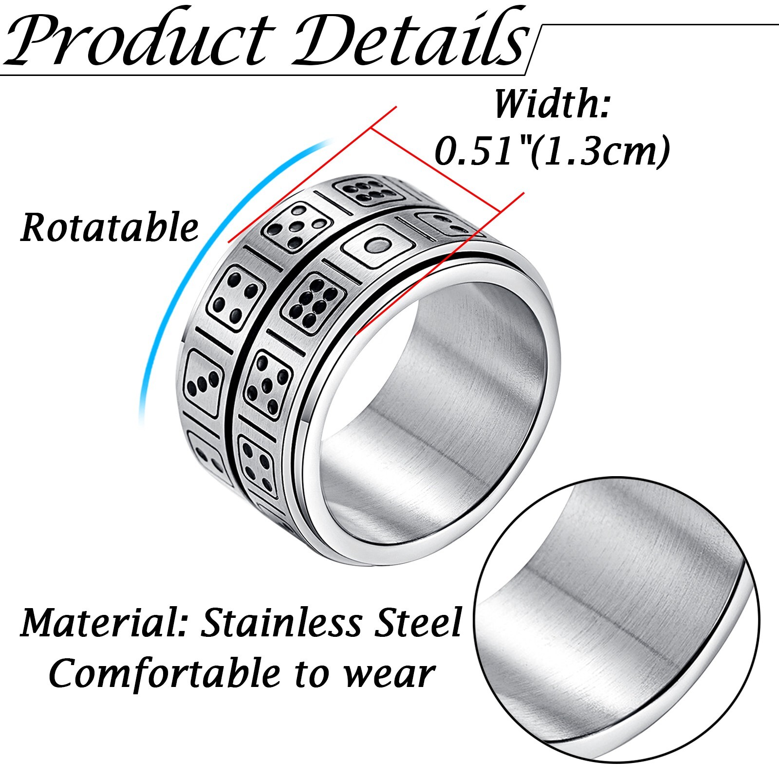 13MM Men’s Dice Spinner Ring Anti-Anxiety Fidget Band Stress Relief Wide Band