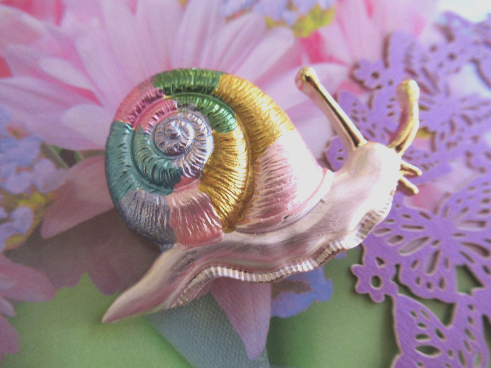 Beautiful Rainbow Enamel Snail Brooch 2″ Long Gold Tone Brooch NEW