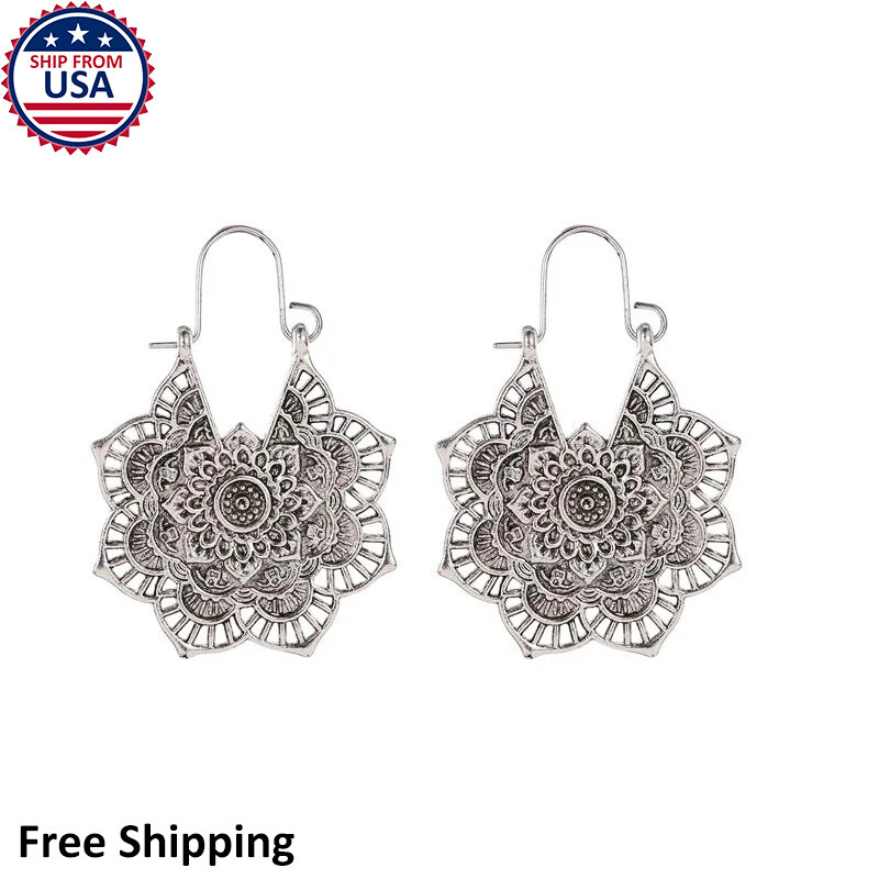 Womens Retro Bohemian Silver Dangle Drop Earrings Vintage Antique Jewelry