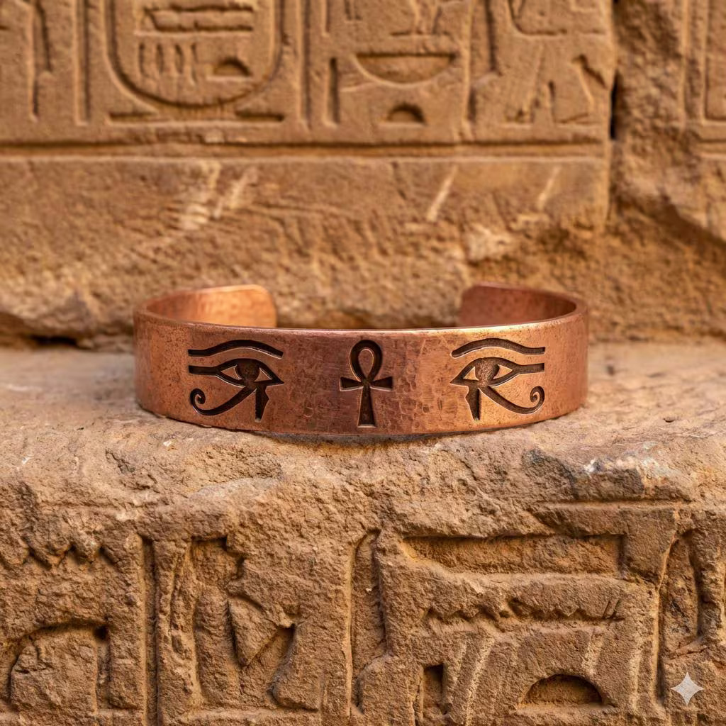 Pure Copper Spiritual Ankh & Eye of Horus Cuff – Handmade Boho Gift