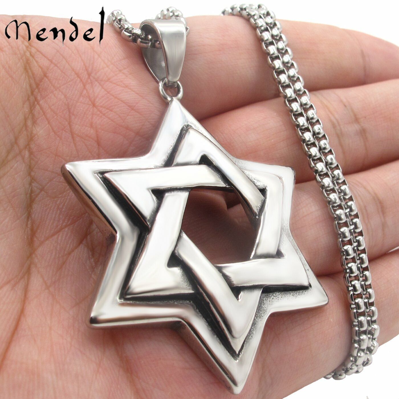 MENDEL Large Mens Stainless Steel Jewish 6 Point Star of David Pendant Necklace