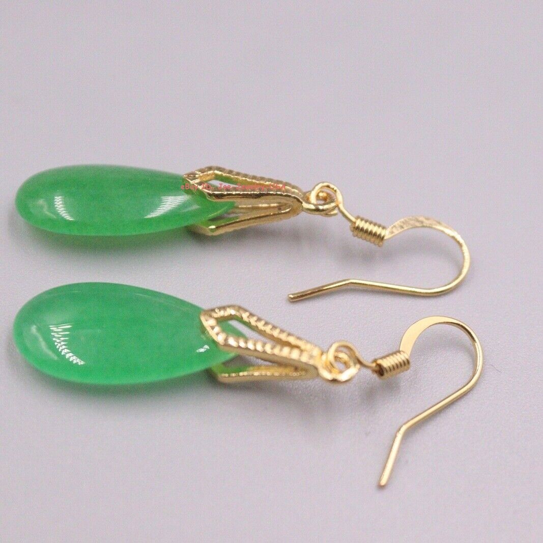 New 18K Yellow GP with Dark-Green Pear Jade Dangle Earrings 1.49inch L