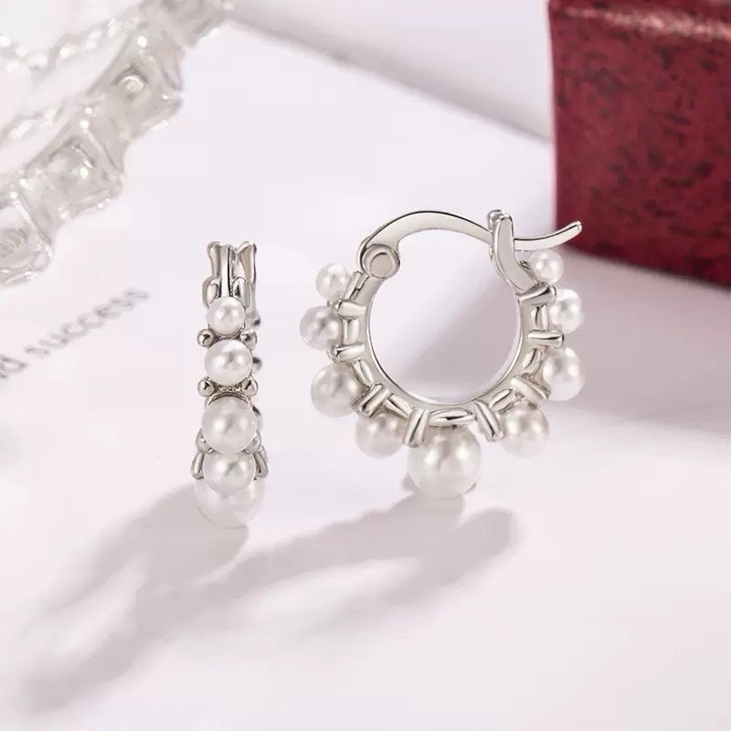 Silver Beaded Pearl Chandelier Earrings Pearl Cluster Hoop Huggie Earrings EA128