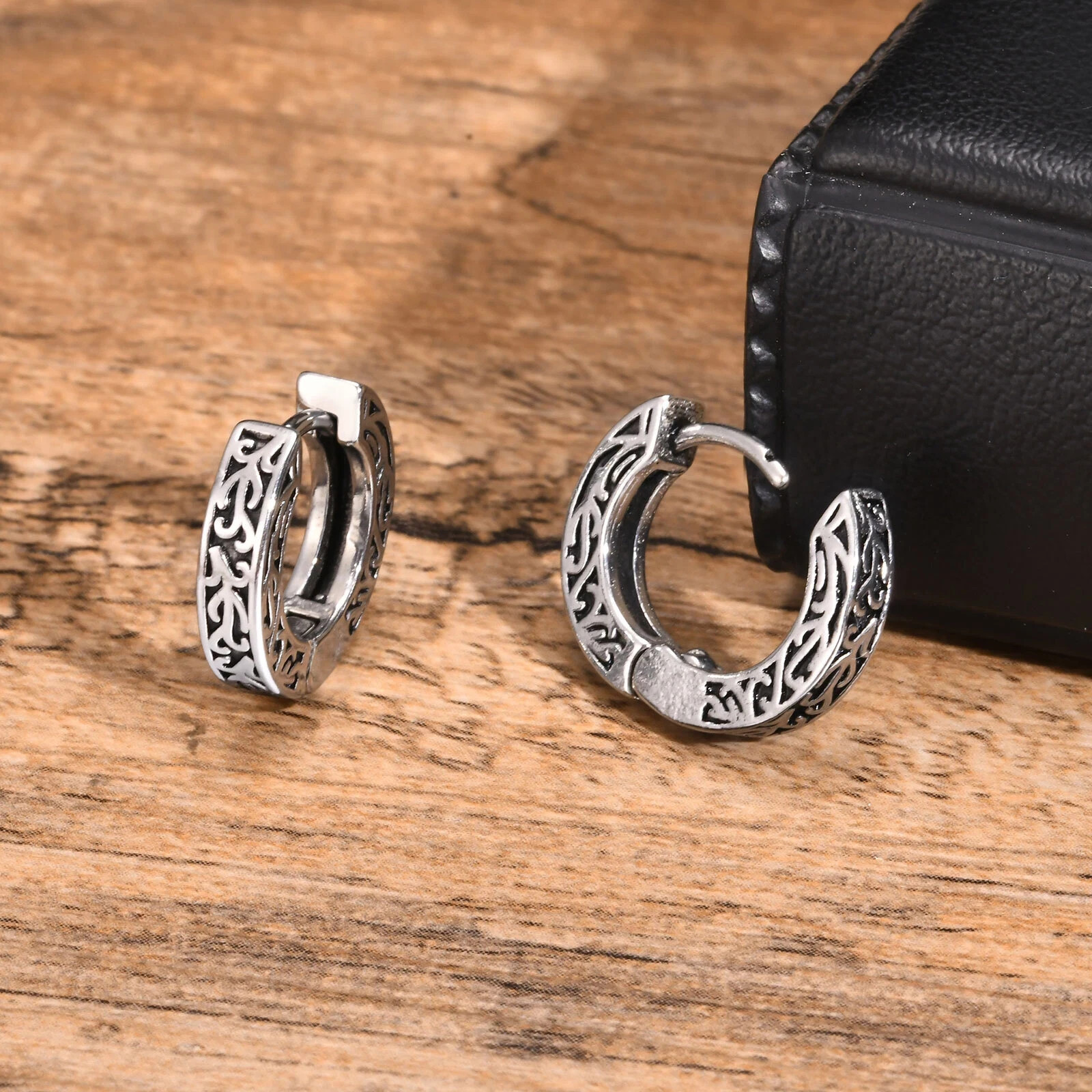 Silver Totem Hoop Huggie Earrings Men Teens Rock Punk Jewelry