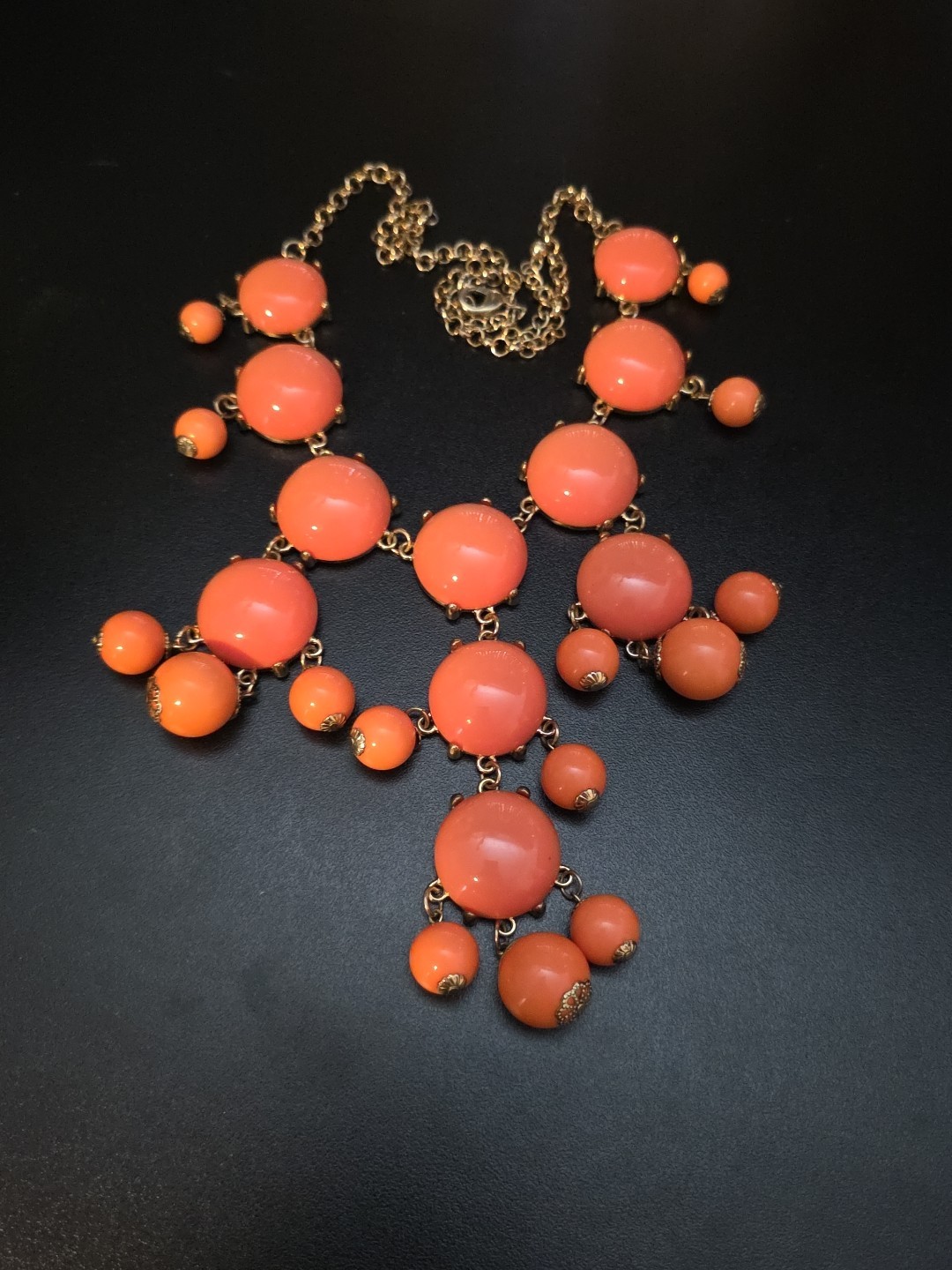 Gold Tone Peach Orange Acrylic Round Bubble Bib Statement Necklace