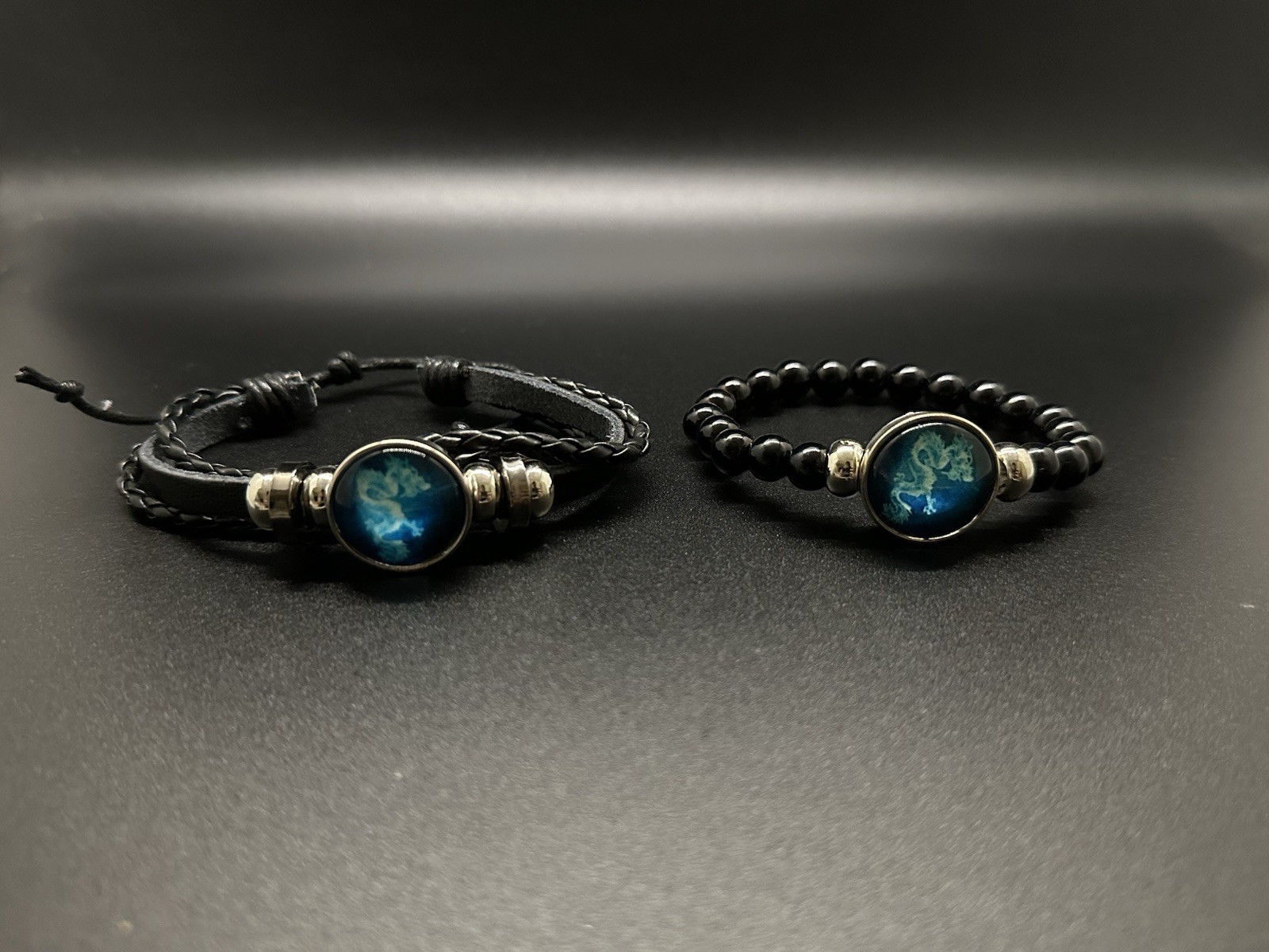 2 Protection Bracelets Glowing Dragon 🐉 Vegan Leather & Black Beads Men & Women