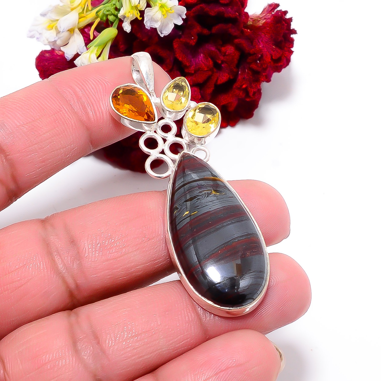 Iron Tiger Eye – South Africa & Citrine 925 Sterling Silver Pendant 2.34″ P11
