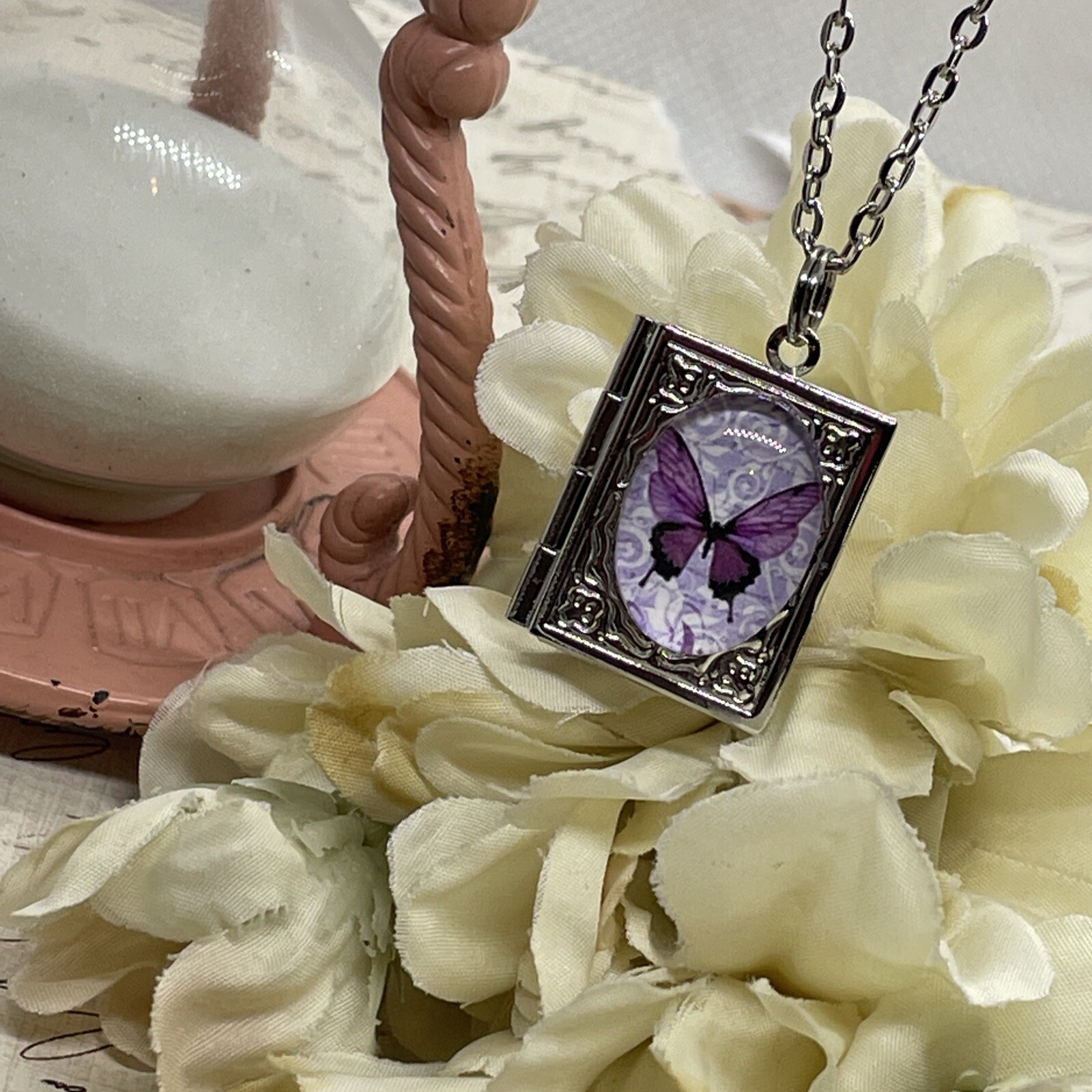 Silver Birthday anniversary purple BUTTERFLY book Locket pendant necklace photo