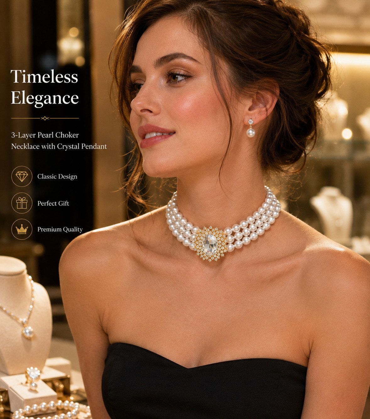 3-Layer Faux Pearl Choker Necklace Women Gold-Tone Crystal Pendant Bridal Gift