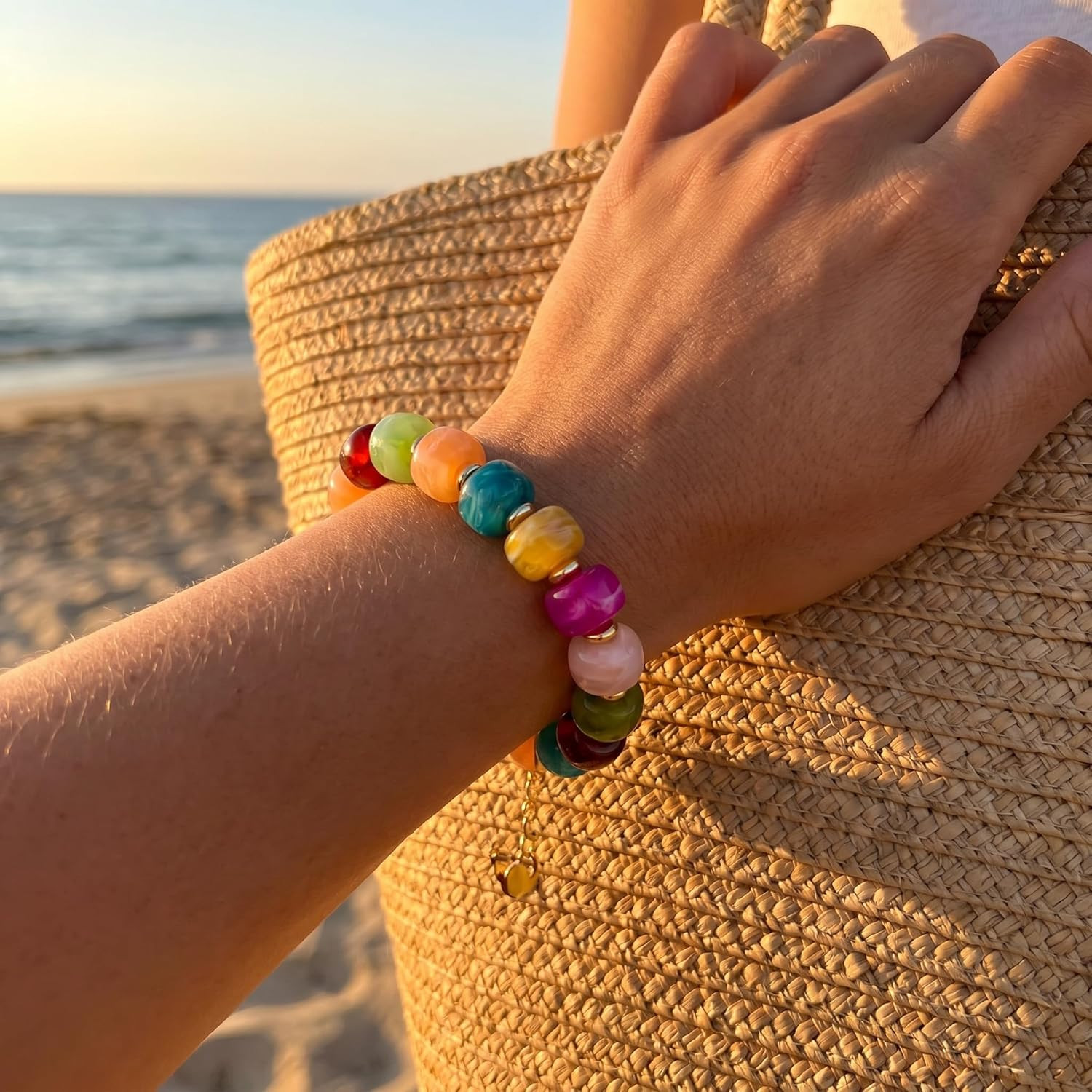 Colorful Beaded Heart Bracelets for Women Trendy Multicolor Acrylic Resin Beads