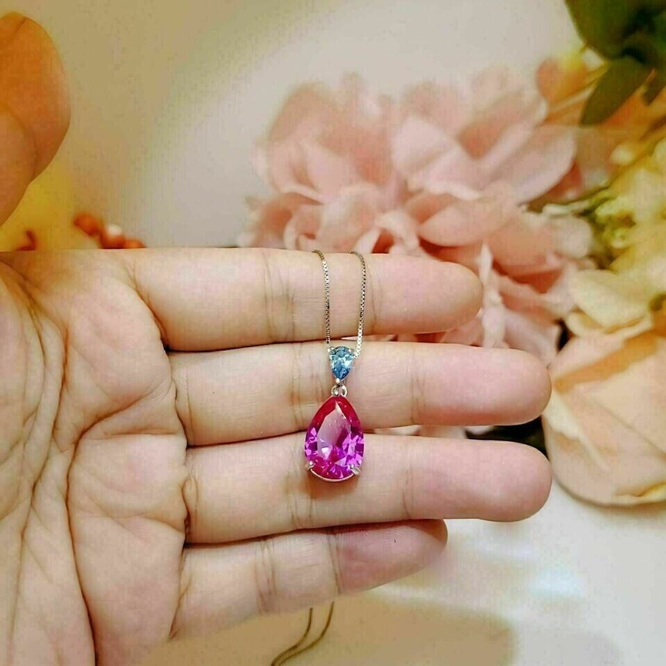 2.50Ct Pear Cut Simulated Pink Ruby Teardrop Charm Pendant 14K White Gold Plated
