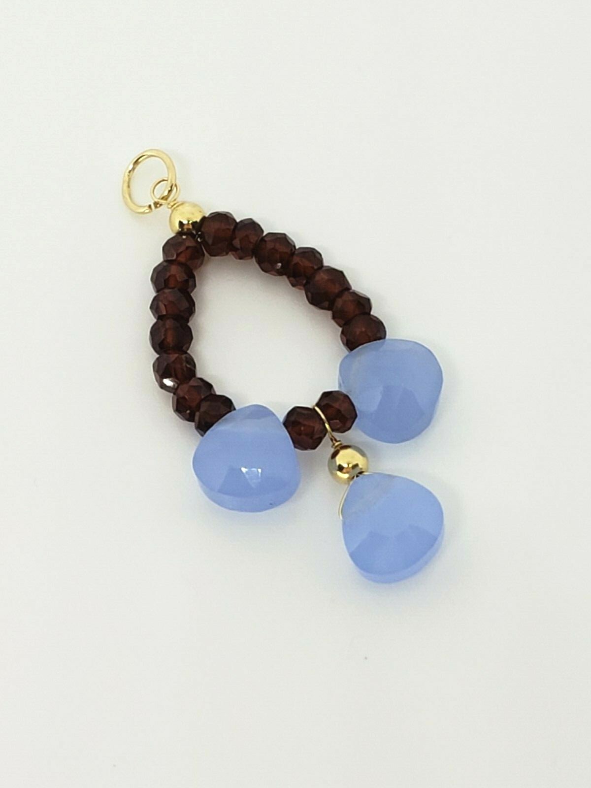 14k Yellow Gold Red Garnet and Blue Chalcedony Beaded Pendant