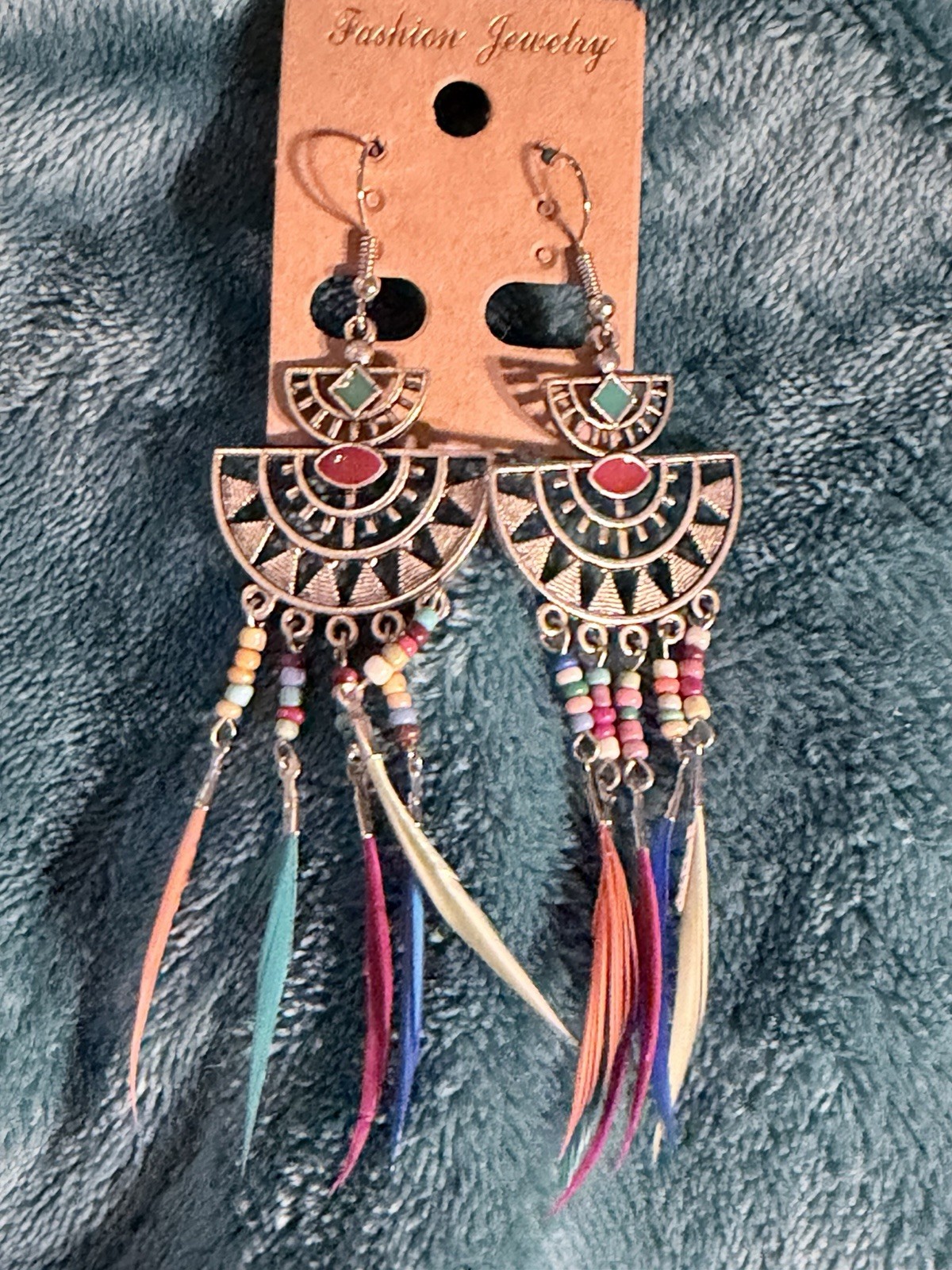 Boho Multicolor Feather Drop Earrings Turquoise Orange Dangle