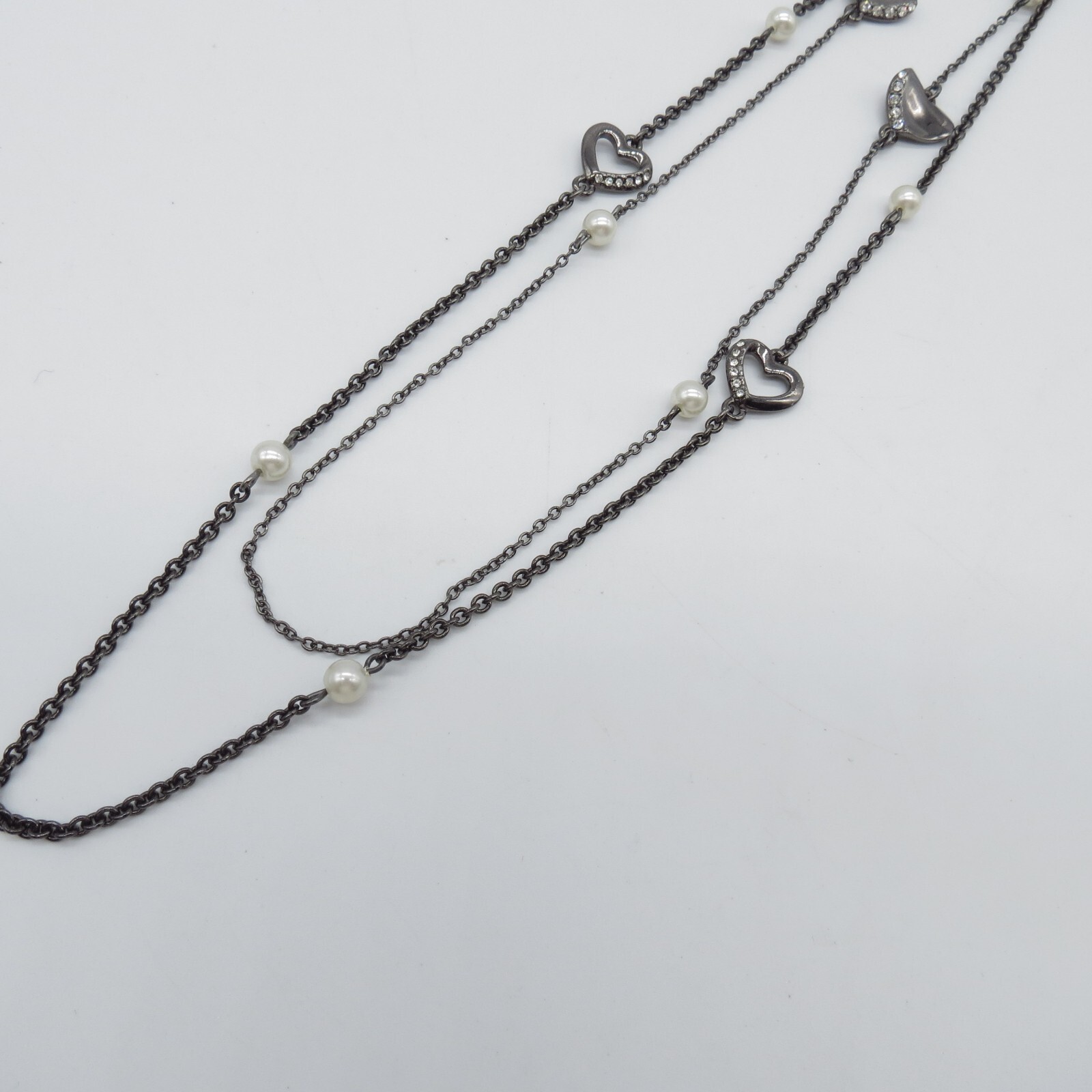Black Heart Chain Necklace Rhinestone Faux Pearl Everyday Wear 28″