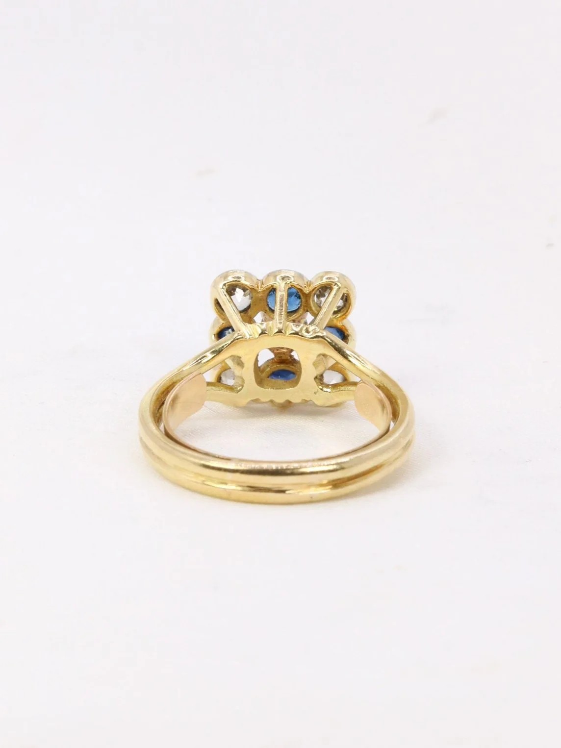 Square ring with old-cut sapphires and diamonds