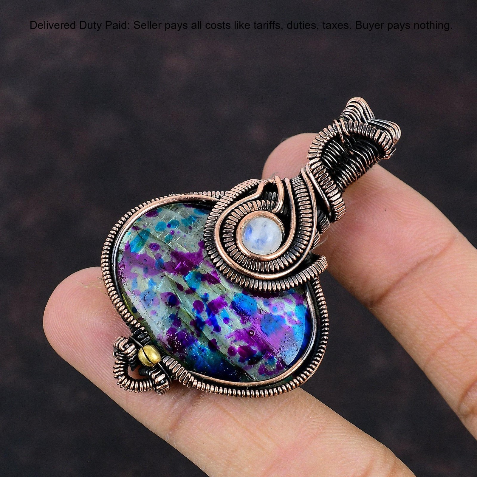Oval Multi Fire Labradorite Stone Rainbow Moonstone Copper Boho Pendant Jewelry