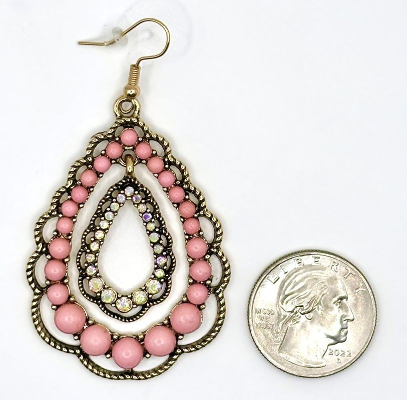 Elegant Pink Turquoise Iridescent Rhinestones Scalloped Double Teardrop Earrings