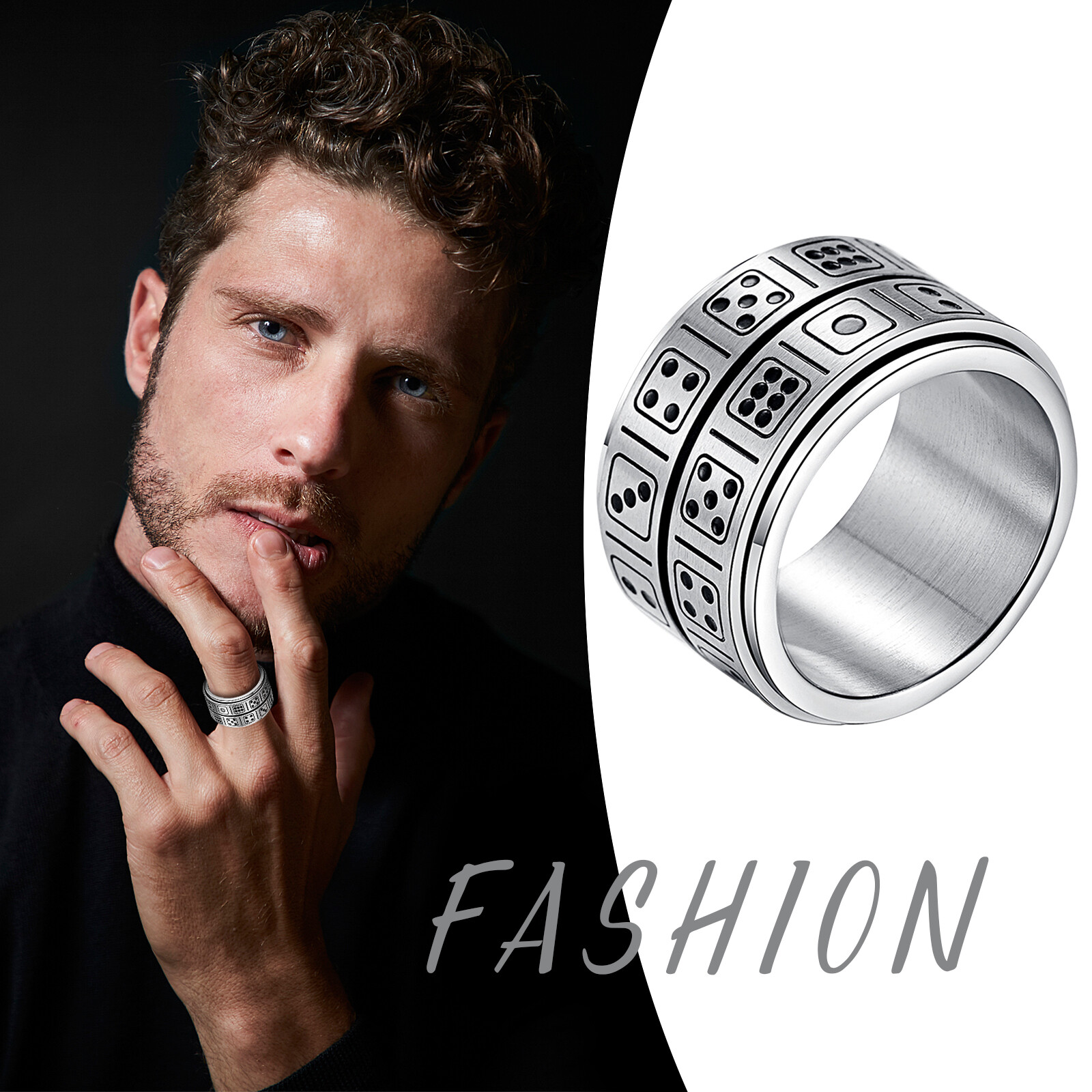13MM Men’s Dice Spinner Ring Anti-Anxiety Fidget Band Stress Relief Wide Band
