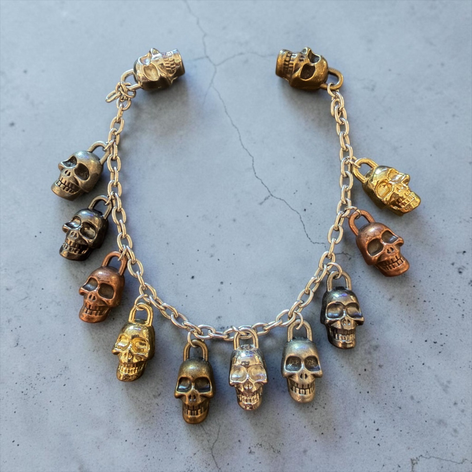 Mixed Metal Skull Padlock Charm Bracelet Silver Gold Copper Gothic Biker 8.5in