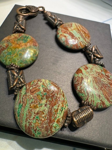 Jasper Disc Bracelet • Green Brown Stones • Copper Tone X Links • 8.5″