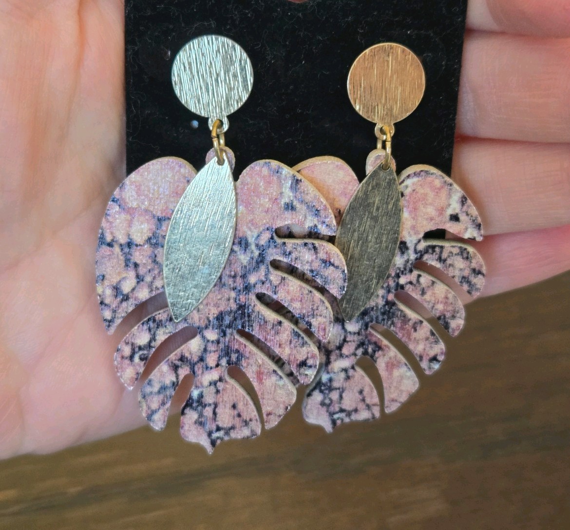 NEW Monstera Leaf Dangle Drop Earrings Gold Accents Pink Gray Laser Cut Wood