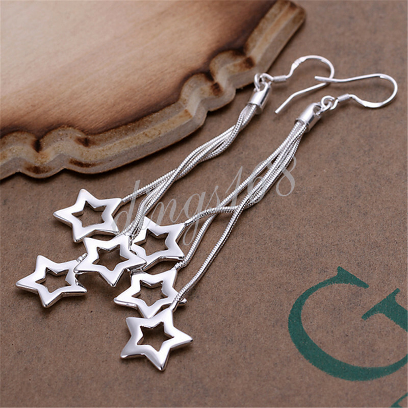 925 Sterling Silver Tarnish-Resist 3 Open Star 3″ Very Long Dangle Earrings C867