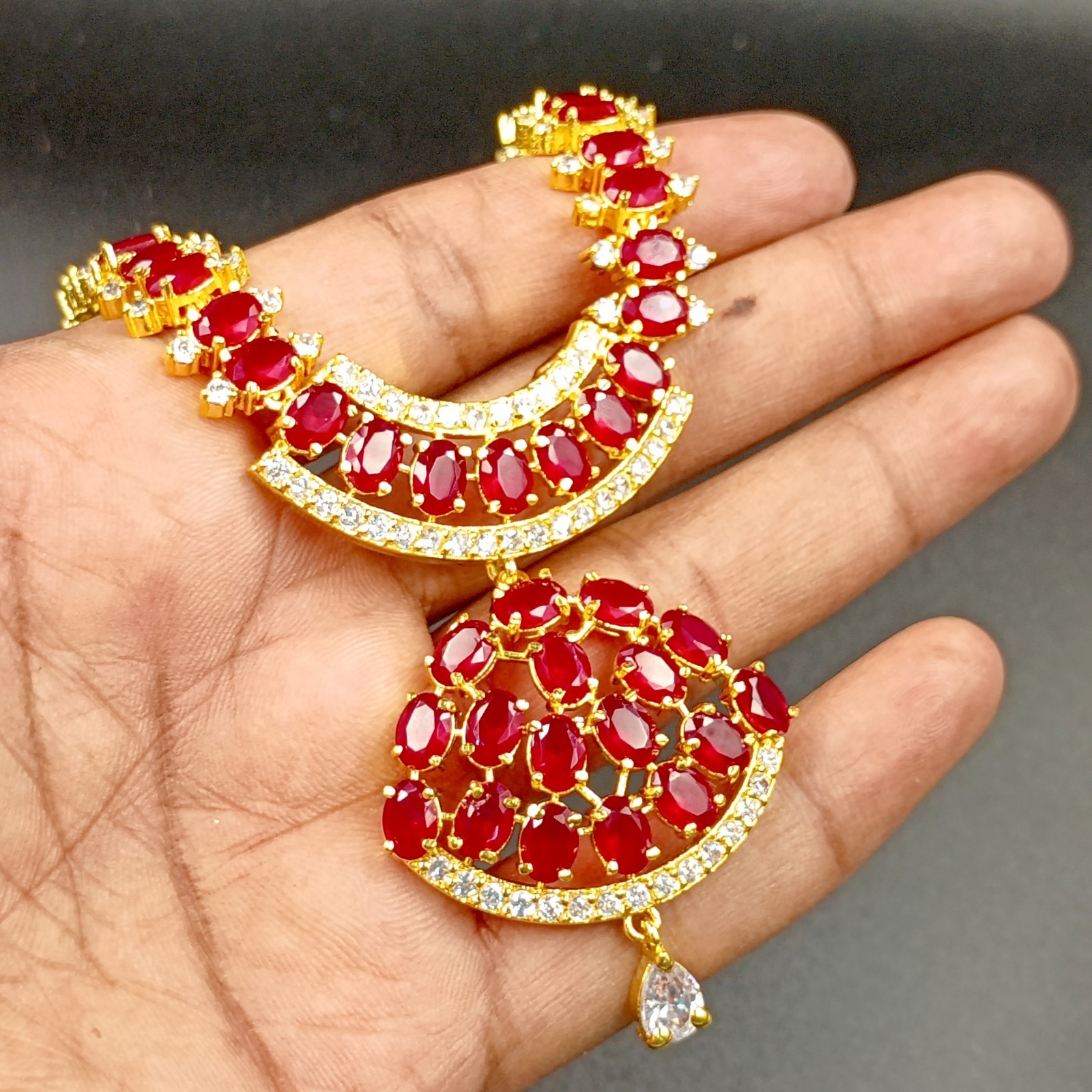 Bollywood 22K Gold Plated Ruby Necklace Set Traditional Wedding Wear Oval Stone
