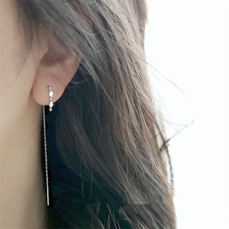 Stunning New Silver Plated Clear White CZ Threader Drop Dangle Earrings