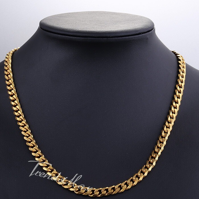 7MM Necklace Bracelet SET Stainless Steel Chain Gold Plated Cuban Link For MEN