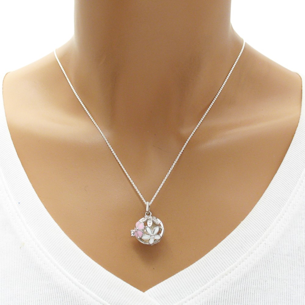 925 Sterling Silver Enamel Flowers Pearl Cage Pendant & Necklace