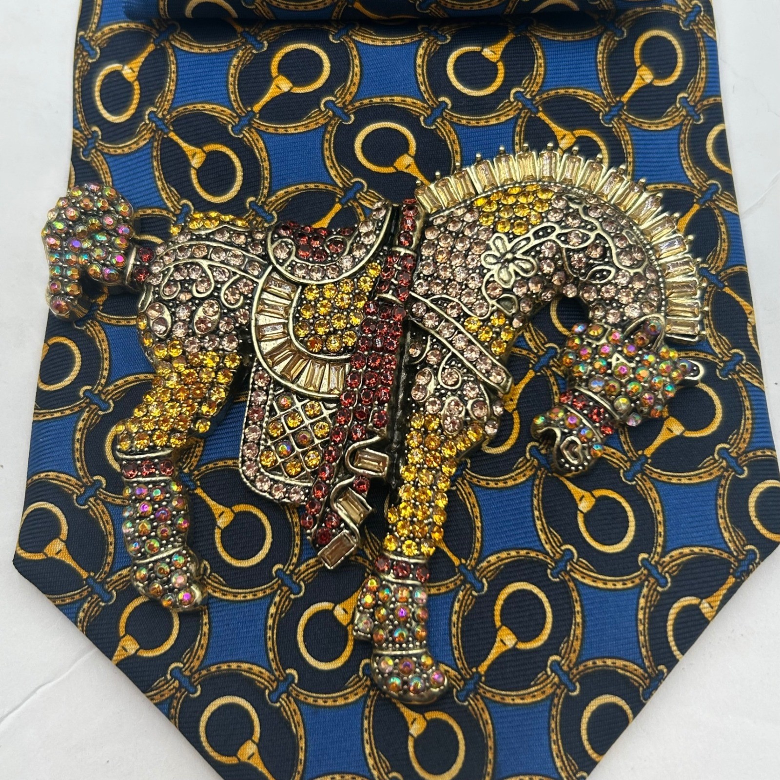 Club Room Silk Tie Horse Necklace Western Equestrian Blue Gold Crystal Brooch