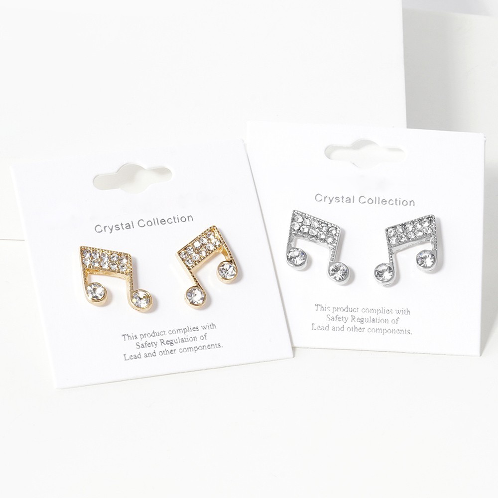 Rhodium Silver toned Crystal Paved Music Note Stud Earrings