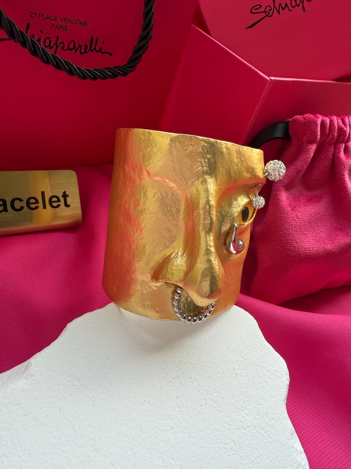 Schiaparelli Gold Surrealist Face Cuff Bracelet. With Box and Dust Bag
