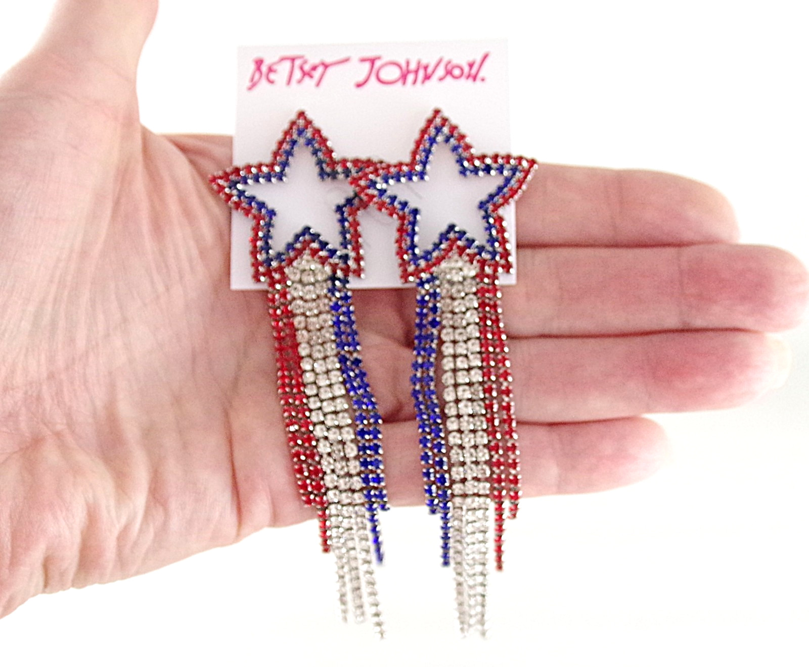 4″ Prong-Set Rhinestones! NWOT BETSEY JOHNSON PATRIOTIC DANGLE STAR EARRINGS