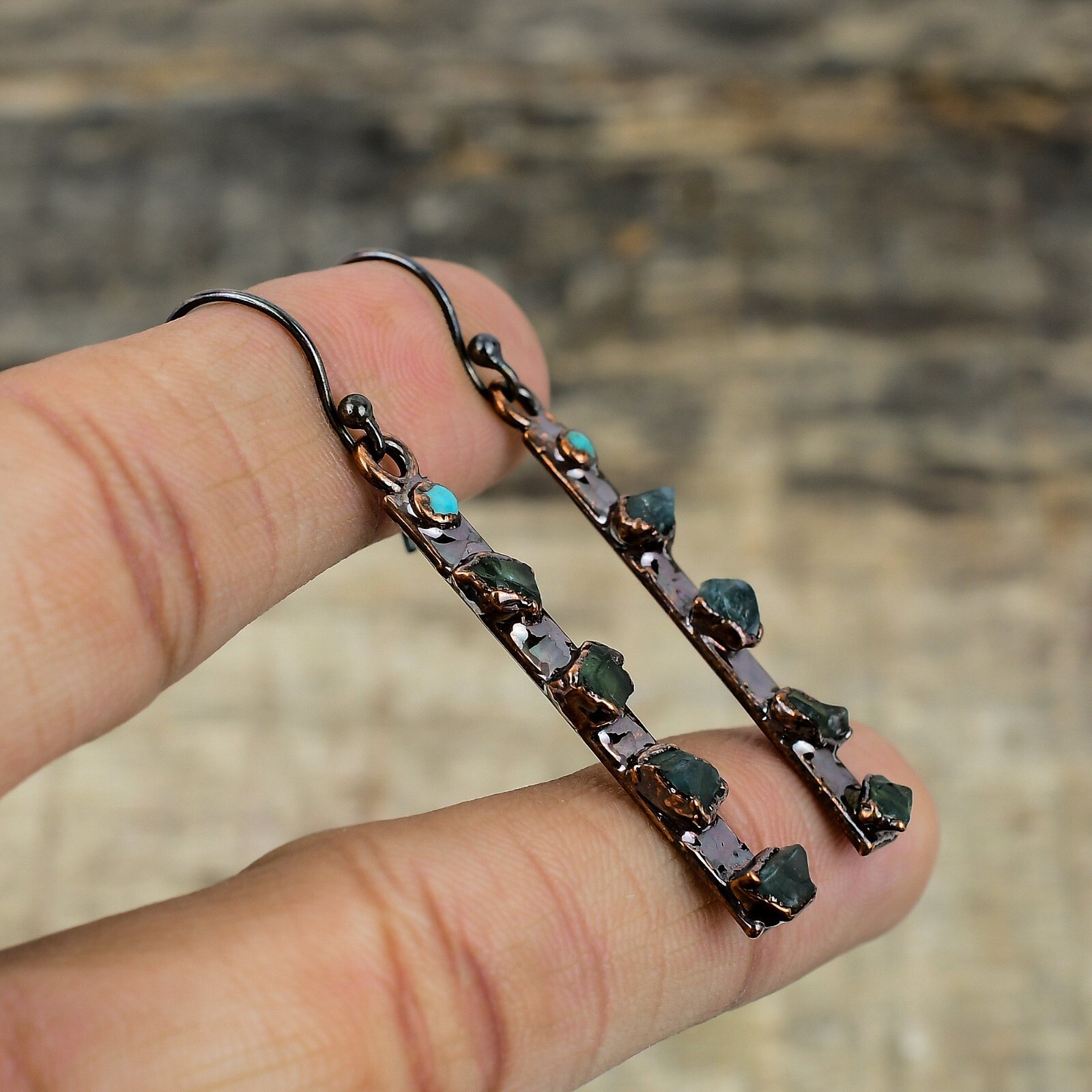 Green Tourmaline Rough Copper Gift For Briedsmaid Electroformed Earrings 2.2″