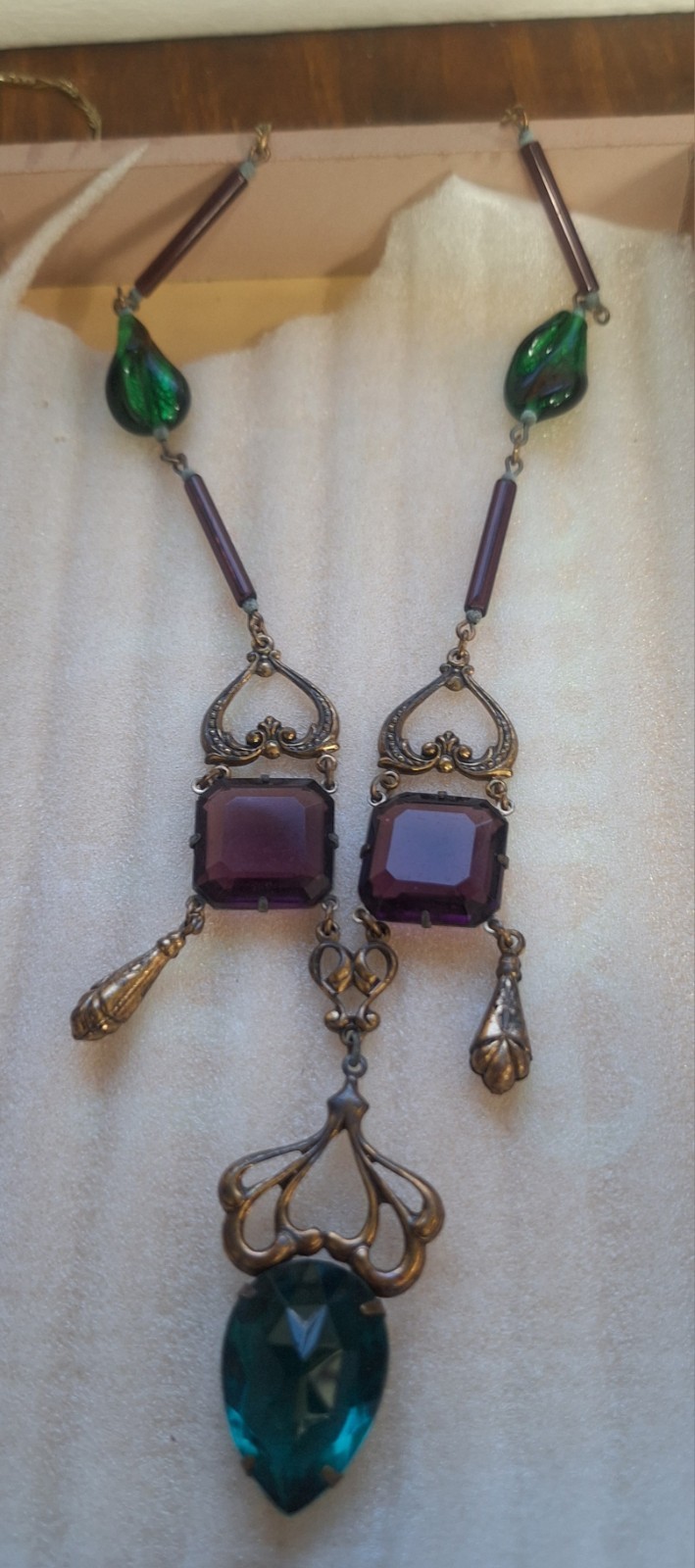 Sadie Green signed art nouveau statement necklace green & purple glass