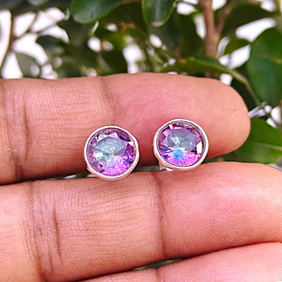 Natural Mystic Topaz Gemstone Stud Earrings, Sterling Silver, Handmade Jewelry
